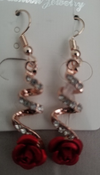Gold and Red Rose Dangle Earrings - Picture 1 of 3